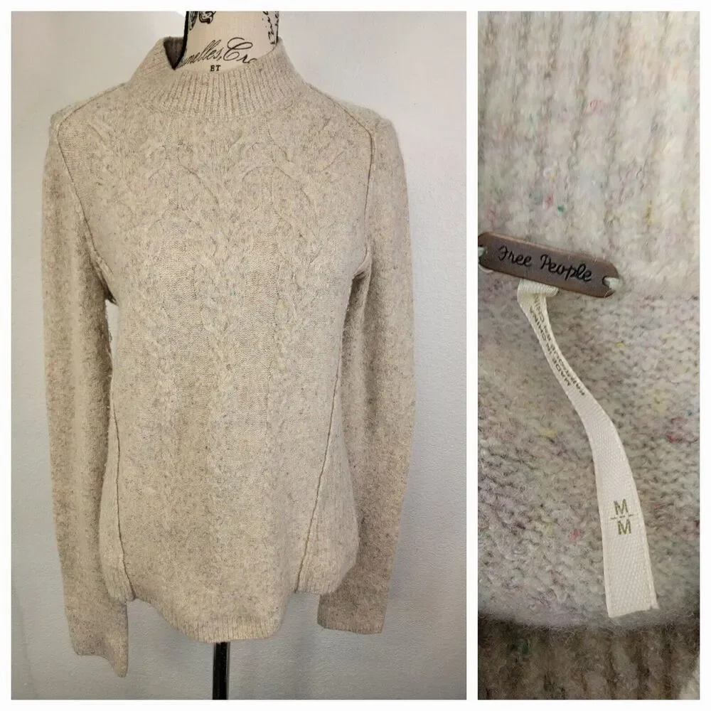 Free People Knit Sweater Long Sleeves Fitted High Neck Ivory Multicolor Specks